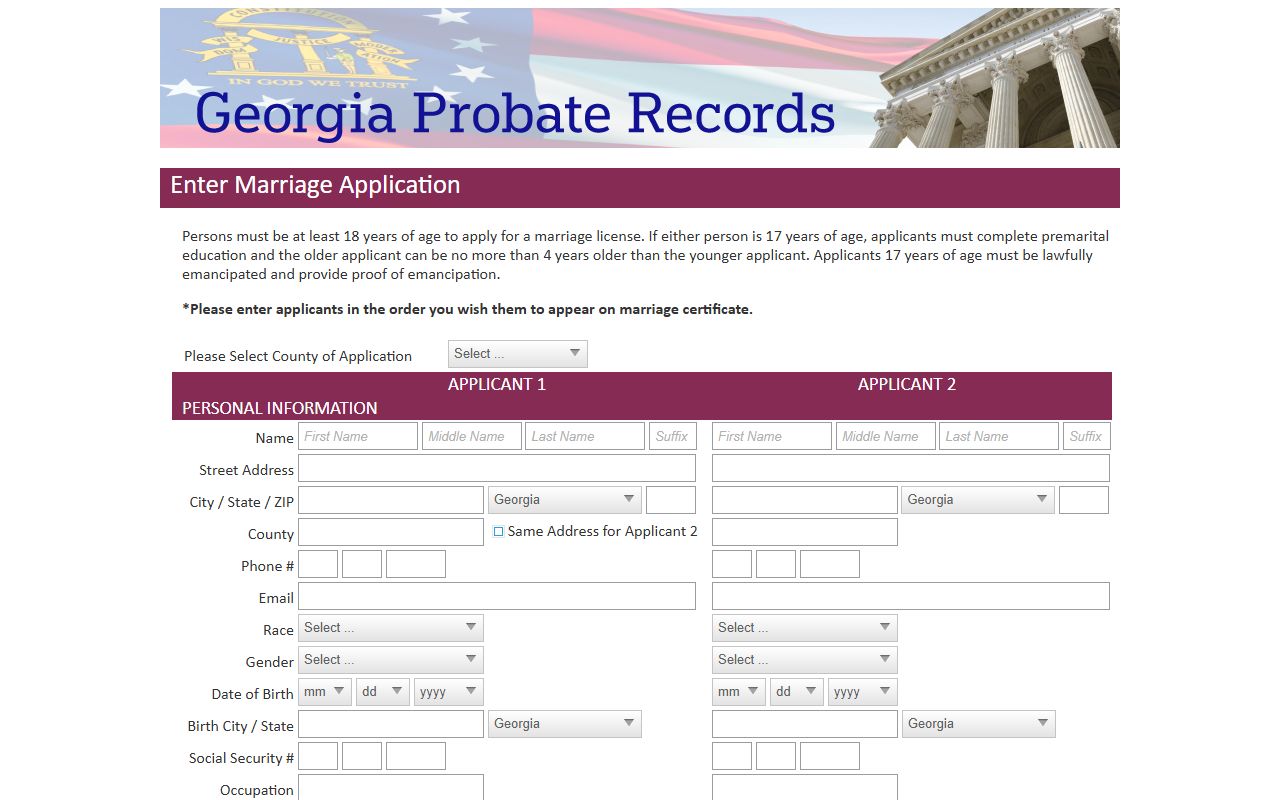 Union County marriage records online application fields
