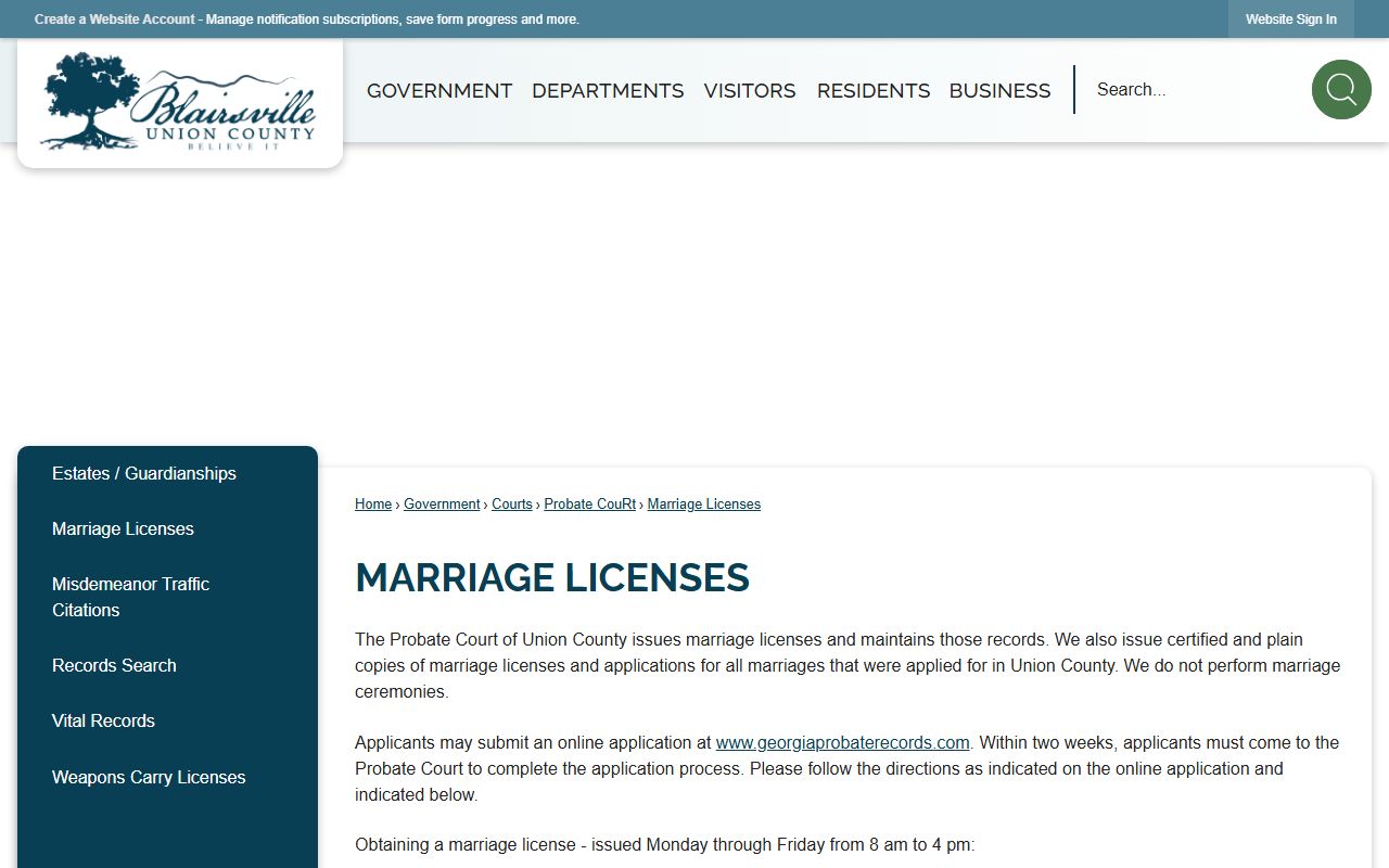 Union County marriage records and Probate Court marriage license instructions