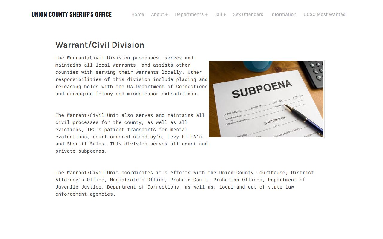 Union County warrant records sheriff warrant civil division